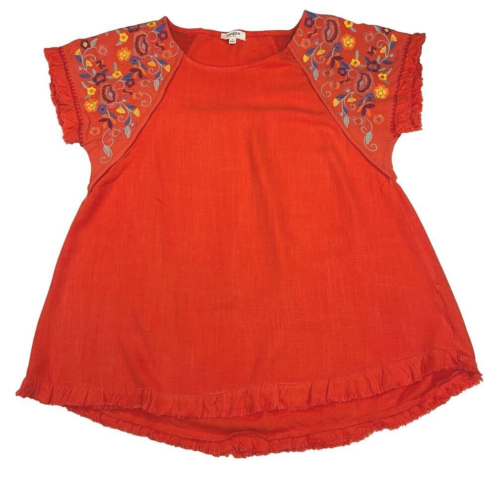 Umgee Fiesta Linen Blend Orange Floral Embroidered Swing Shirt Oversized Size S